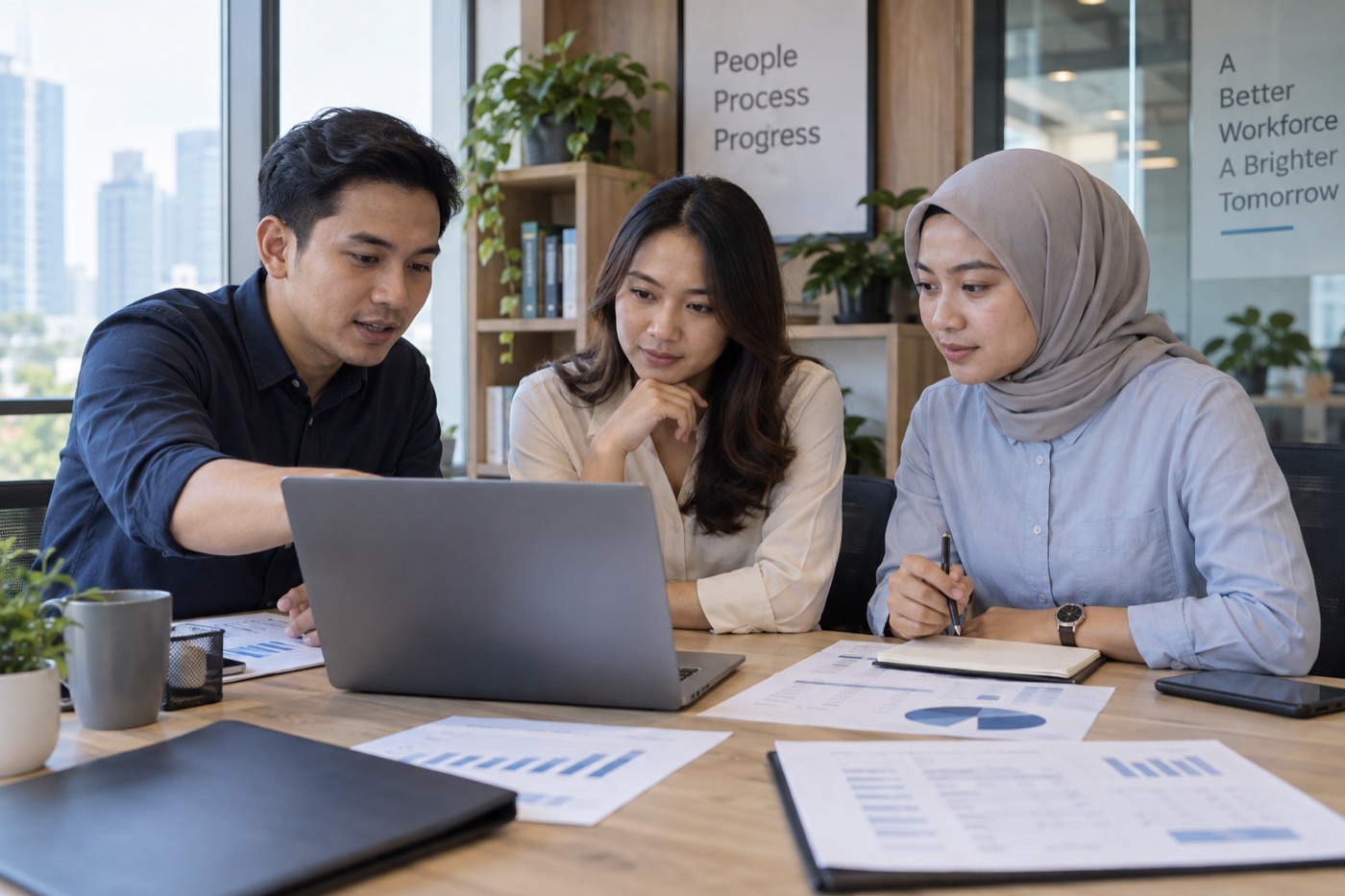Tim HR dan operasional meninjau informasi workforce bersama