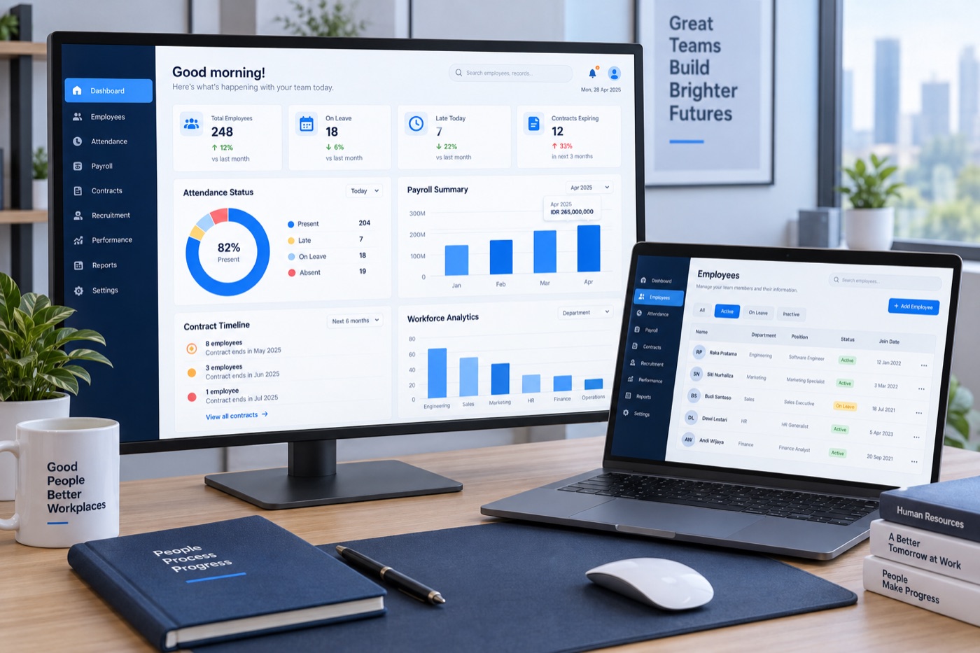 Dashboard HRIS untuk data karyawan, absensi, kontrak, payroll, dan analitik